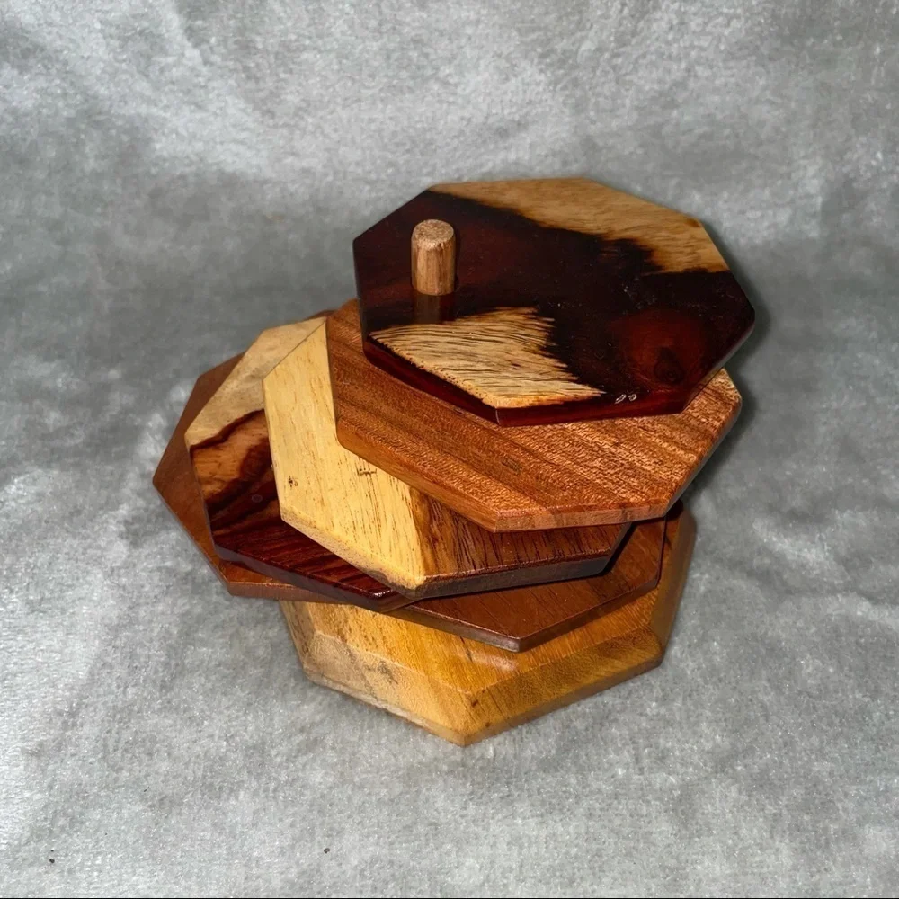 Handmade Wood Octagon Coasters Set of 6 with Holder Geometric Home Decor